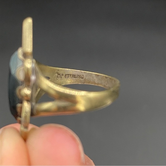 Art Deco Hematite and Brass Vintage Marquise Style Ring Silver Size 5.5Rare - Picture 4 of 16
